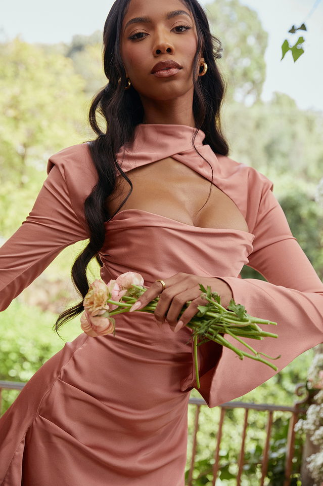 Mock Neck Chest Cutout Ruched Bell Sleeve Satin Mini Dress
