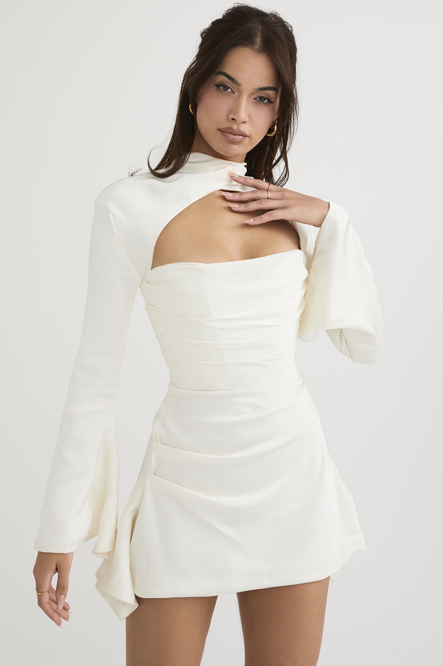 Mock Neck Chest Cutout Ruched Bell Sleeve Satin Mini Dress