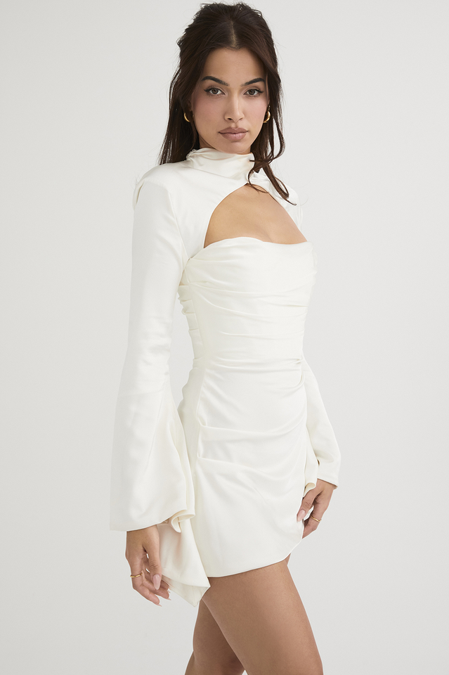 Mock Neck Chest Cutout Ruched Bell Sleeve Satin Mini Dress