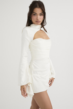 Mock Neck Chest Cutout Ruched Bell Sleeve Satin Mini Dress