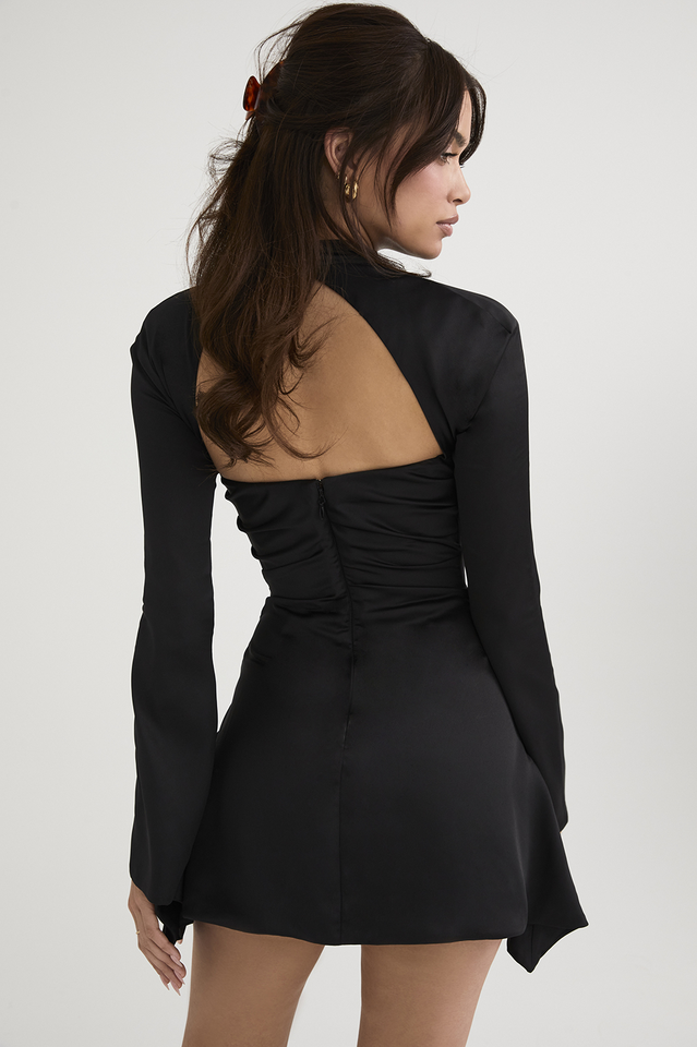 Mock Neck Chest Cutout Ruched Bell Sleeve Satin Mini Dress