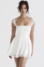 Square Neck Ruched Bust Lace Flutter Strap Waistband Fit and Flare Mini Dress