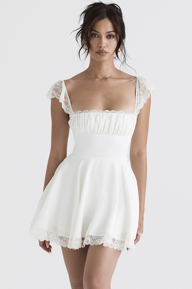Square Neck Ruched Bust Lace Flutter Strap Waistband Fit and Flare Mini Dress