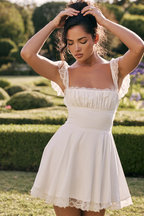 Square Neck Ruched Bust Lace Flutter Strap Waistband Fit and Flare Mini Dress