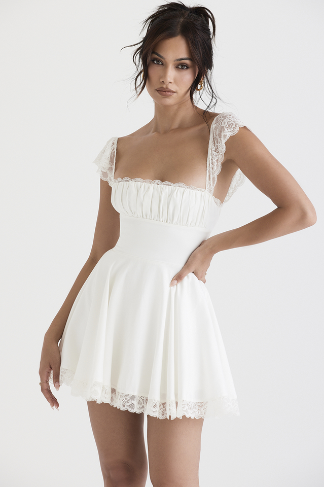 Square Neck Ruched Bust Lace Flutter Strap Waistband Fit and Flare Mini Dress