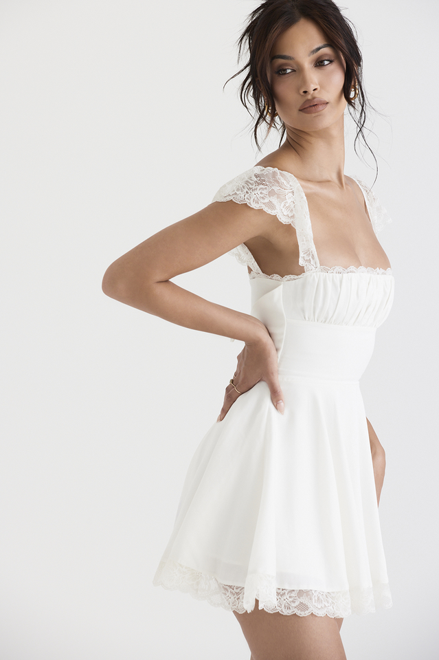 Square Neck Ruched Bust Lace Flutter Strap Waistband Fit and Flare Mini Dress