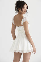 Square Neck Ruched Bust Lace Flutter Strap Waistband Fit and Flare Mini Dress
