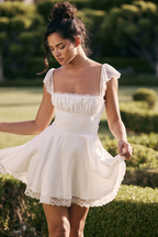 Square Neck Ruched Bust Lace Flutter Strap Waistband Fit and Flare Mini Dress