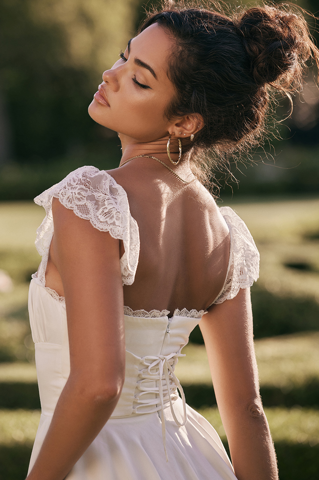 Square Neck Ruched Bust Lace Flutter Strap Waistband Fit and Flare Mini Dress