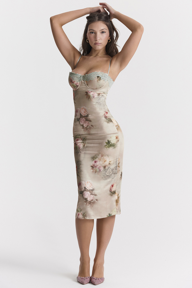 Floral Print Satin Lace Trim Corset Bodice Spaghetti Strap Bodycon Midi Dress
