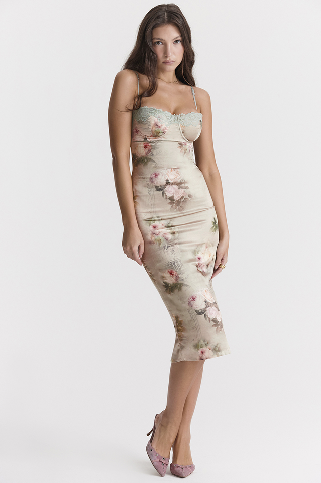 Floral Print Satin Lace Trim Corset Bodice Spaghetti Strap Bodycon Midi Dress