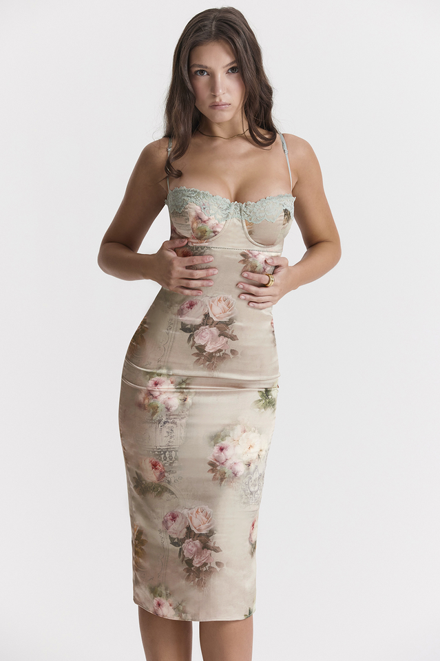Floral Print Satin Lace Trim Corset Bodice Spaghetti Strap Bodycon Midi Dress