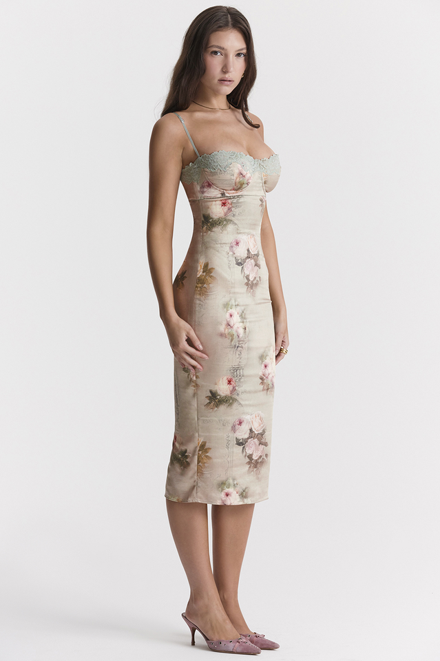 Floral Print Satin Lace Trim Corset Bodice Spaghetti Strap Bodycon Midi Dress