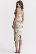 Floral Print Satin Lace Trim Corset Bodice Spaghetti Strap Bodycon Midi Dress