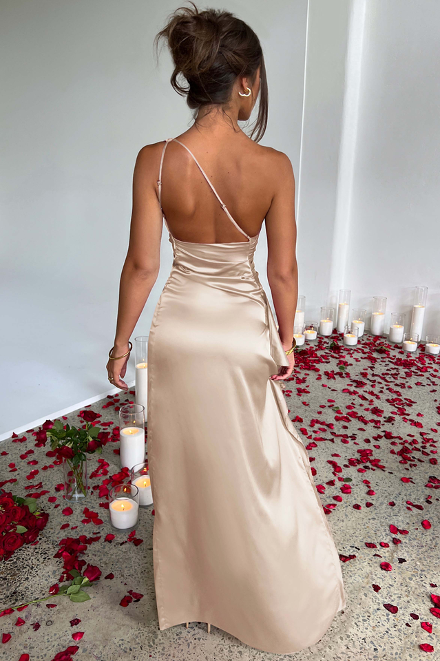 One Shoulder Ruched Satin High Slit Ruffle Drape Maxi Gown