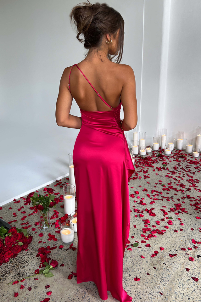 One Shoulder Ruched Satin High Slit Ruffle Drape Maxi Gown