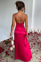One Shoulder Ruched Satin High Slit Ruffle Drape Maxi Gown