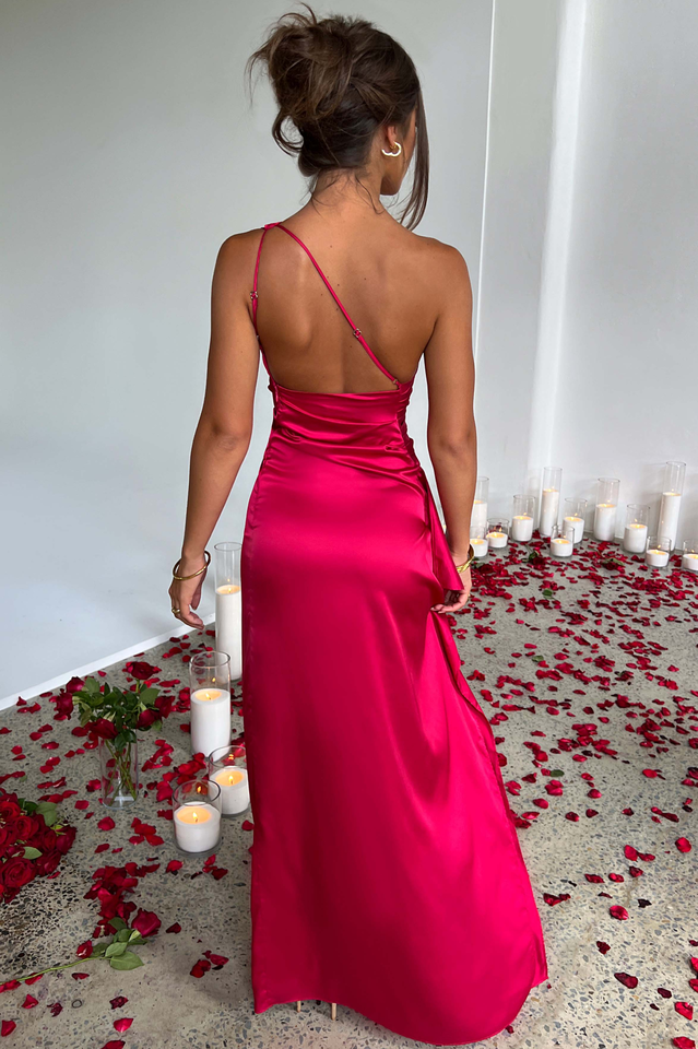 One Shoulder Ruched Satin High Slit Ruffle Drape Maxi Gown