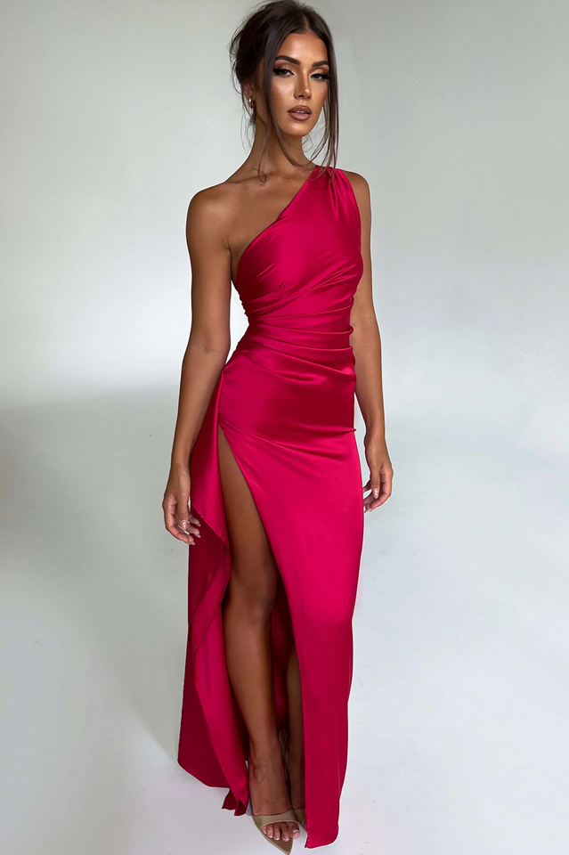 One Shoulder Ruched Satin High Slit Ruffle Drape Maxi Gown