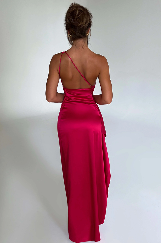 One Shoulder Ruched Satin High Slit Ruffle Drape Maxi Gown