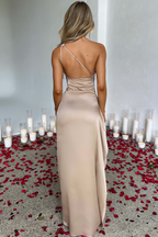 One Shoulder Ruched Satin High Slit Ruffle Drape Maxi Gown