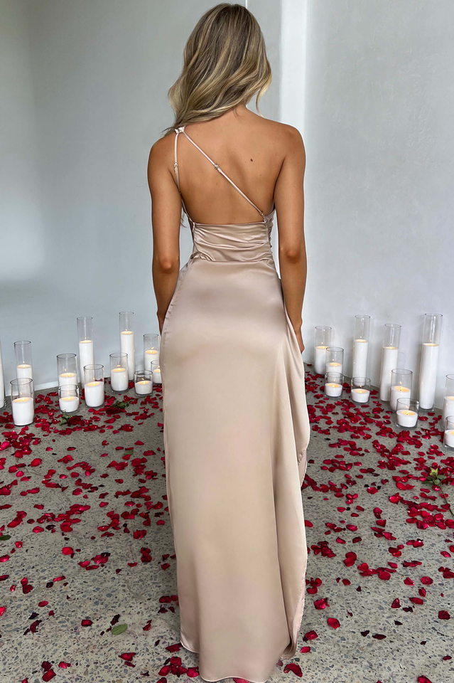 One Shoulder Ruched Satin High Slit Ruffle Drape Maxi Gown
