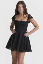 Square Neck Lace Trim Ruched Bust Cap Sleeve Fit and Flare Mini Dress