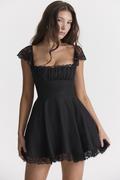 Square Neck Lace Trim Ruched Bust Cap Sleeve Fit and Flare Mini Dress