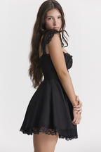 Square Neck Lace Trim Ruched Bust Cap Sleeve Fit and Flare Mini Dress