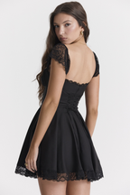 Square Neck Lace Trim Ruched Bust Cap Sleeve Fit and Flare Mini Dress