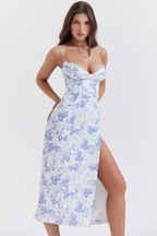 Sweetheart Bustier Lace Trim Spaghetti Strap Floral Side Slit Midi Dress
