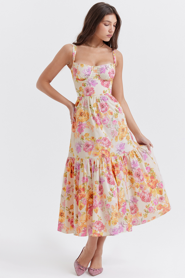 Sweetheart Bustier Wide Strap Floral Tiered Ruffle Midi Dress