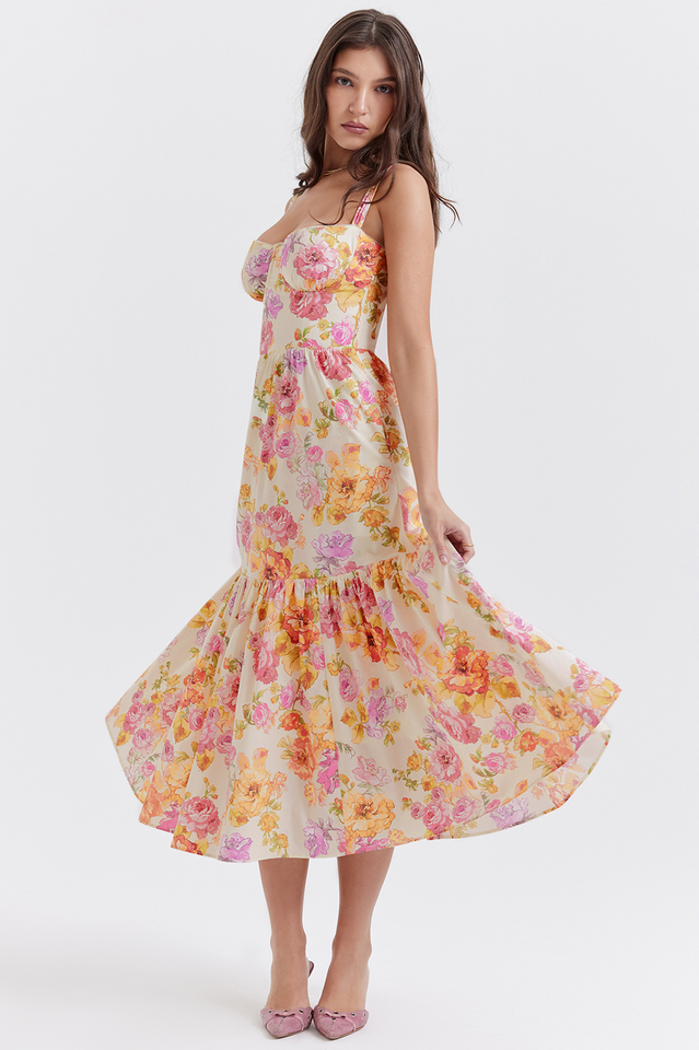 Sweetheart Bustier Wide Strap Floral Tiered Ruffle Midi Dress