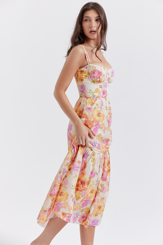 Sweetheart Bustier Wide Strap Floral Tiered Ruffle Midi Dress