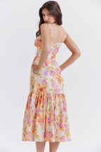 Sweetheart Bustier Wide Strap Floral Tiered Ruffle Midi Dress