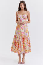 Sweetheart Bustier Wide Strap Floral Tiered Ruffle Midi Dress