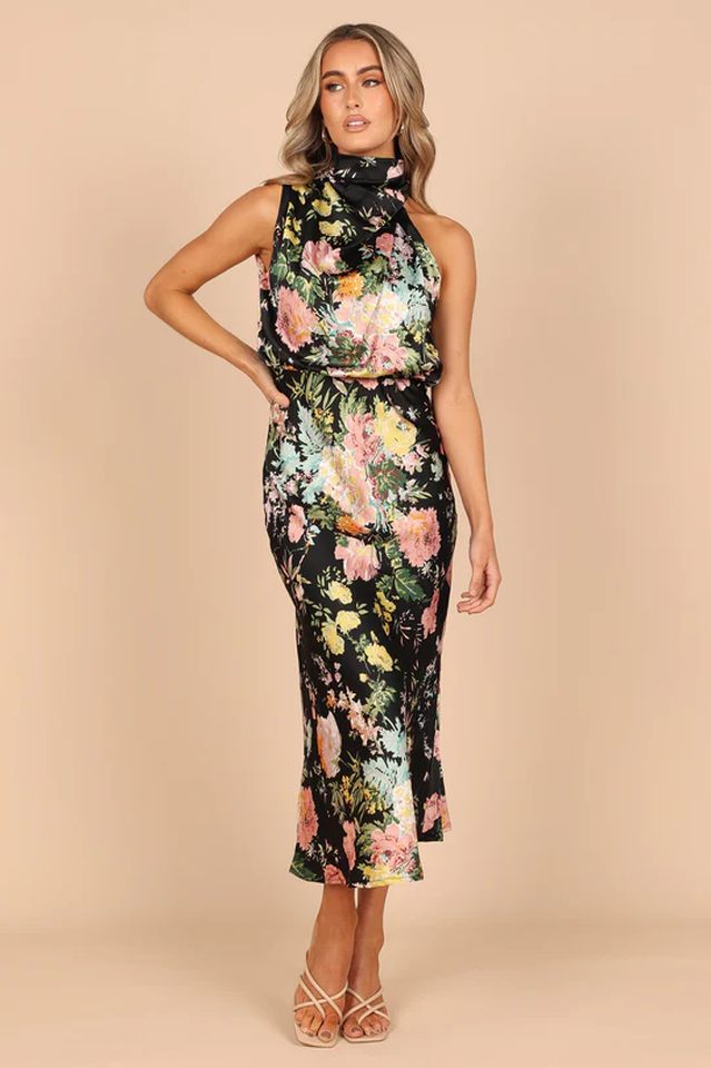 Satin Floral Print Halter Scarf Neck A-Line Midi Dress