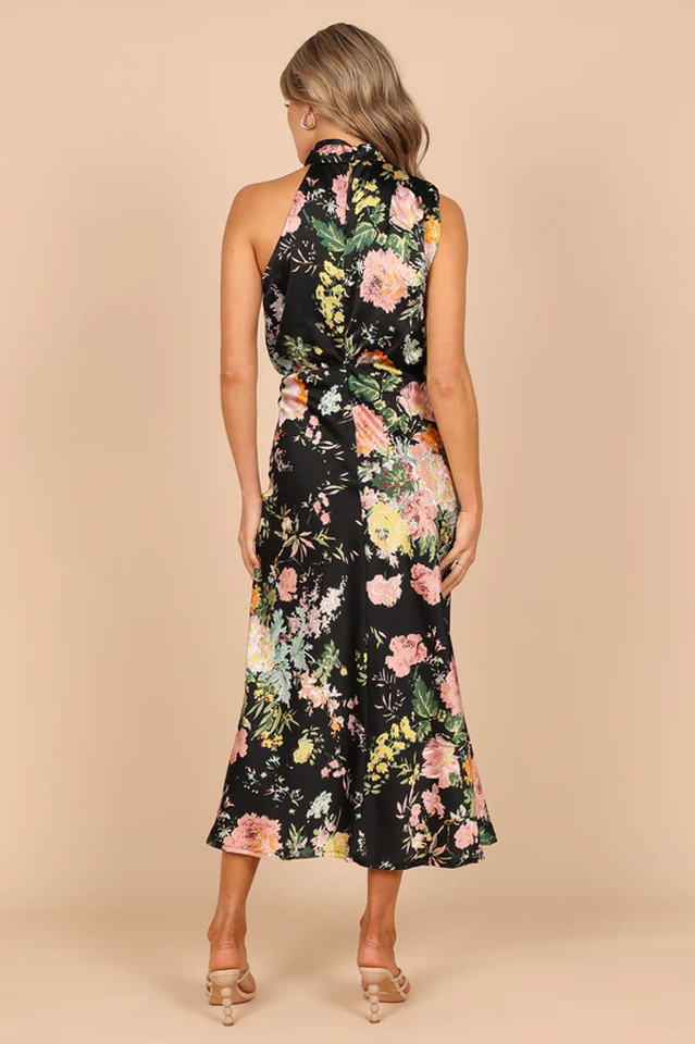 Satin Floral Print Halter Scarf Neck A-Line Midi Dress