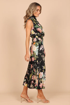Satin Floral Print Halter Scarf Neck A-Line Midi Dress