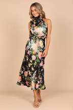 Satin Floral Print Halter Scarf Neck A-Line Midi Dress