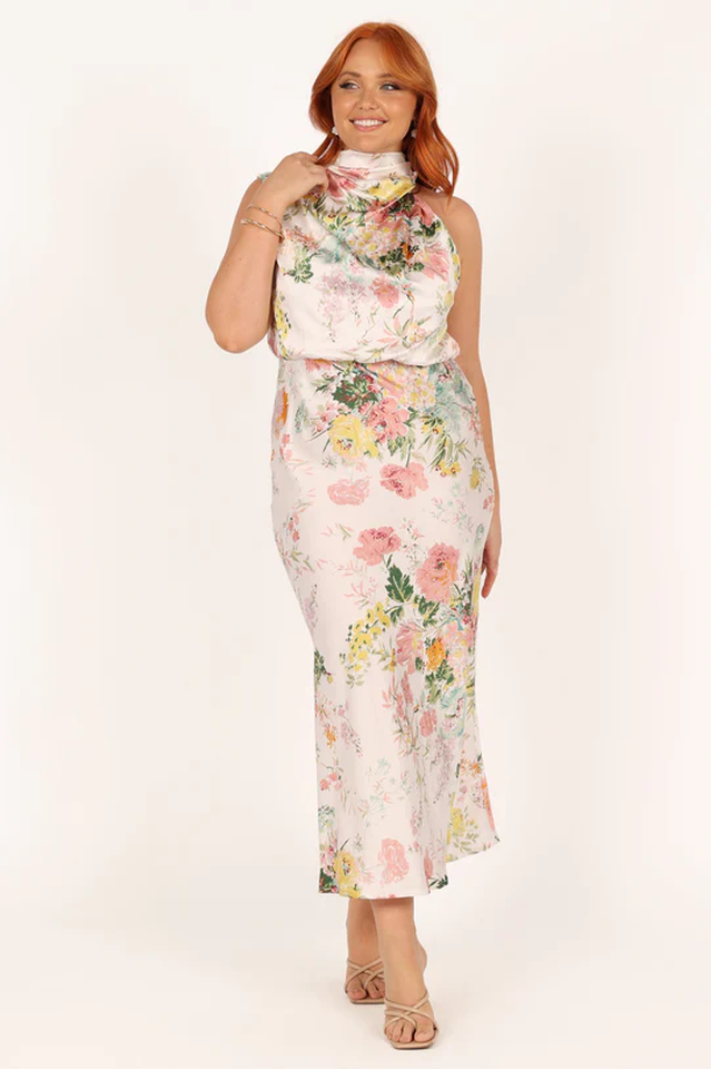 Satin Floral Print Halter Scarf Neck A-Line Midi Dress