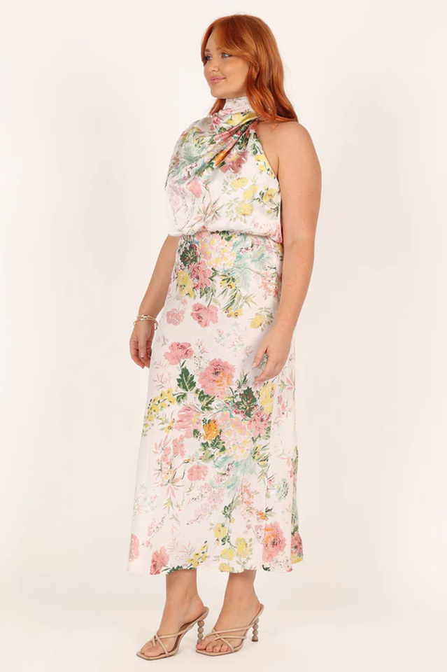 Satin Floral Print Halter Scarf Neck A-Line Midi Dress
