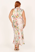 Satin Floral Print Halter Scarf Neck A-Line Midi Dress