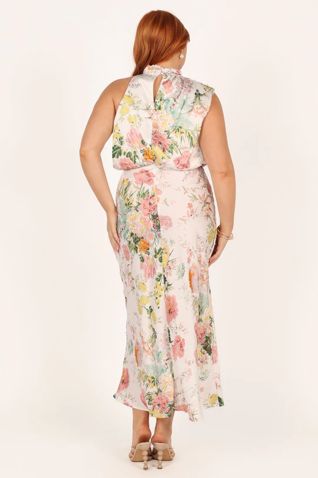 Satin Floral Print Halter Scarf Neck A-Line Midi Dress