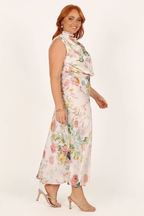 Satin Floral Print Halter Scarf Neck A-Line Midi Dress