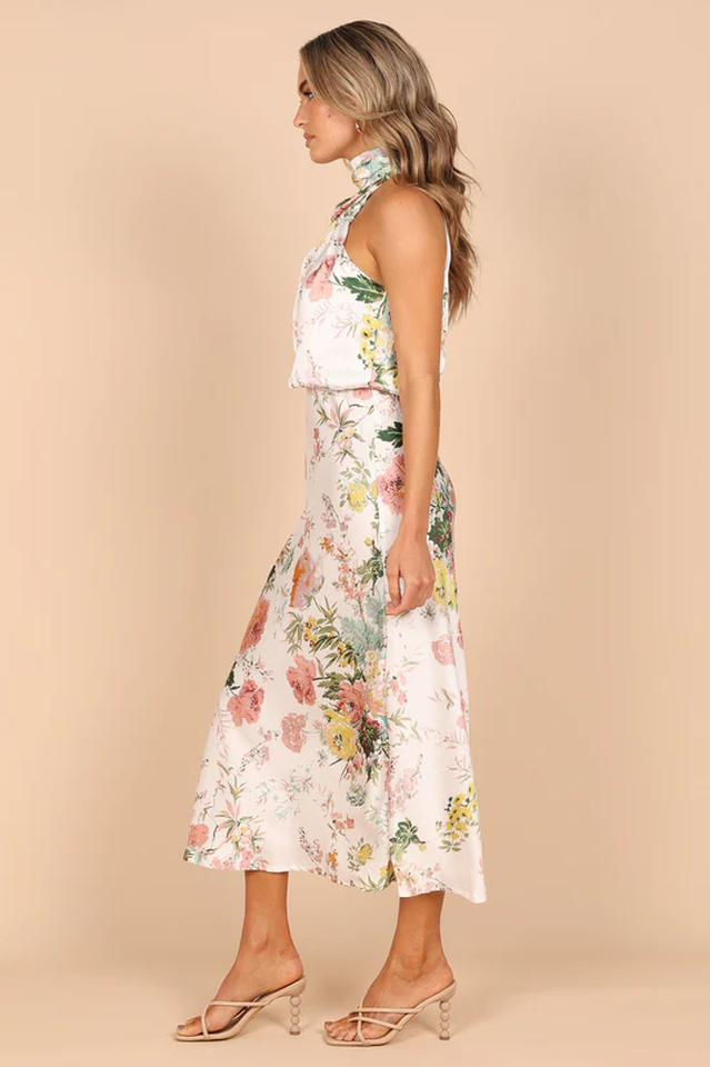 Satin Floral Print Halter Scarf Neck A-Line Midi Dress