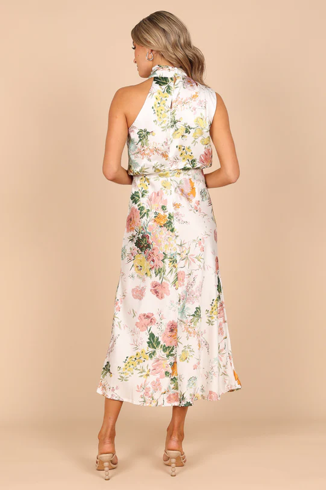 Satin Floral Print Halter Scarf Neck A-Line Midi Dress