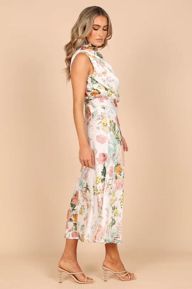 Satin Floral Print Halter Scarf Neck A-Line Midi Dress