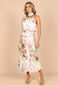 Satin Floral Print Halter Scarf Neck A-Line Midi Dress