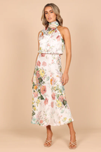 Satin Floral Print Halter Scarf Neck A-Line Midi Dress